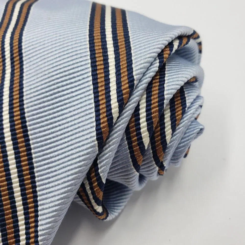 Breuer Silk Blend Tie Made In France Light Blue Brown Striped Cotton Necktie Lux